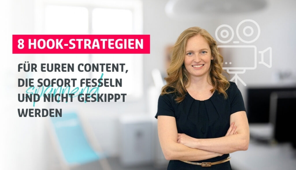 Julia Roy neben der Blog-Überschrift: "8 Hook-Strategien für euren Content, die sofort fesseln und nicht geskippt werden