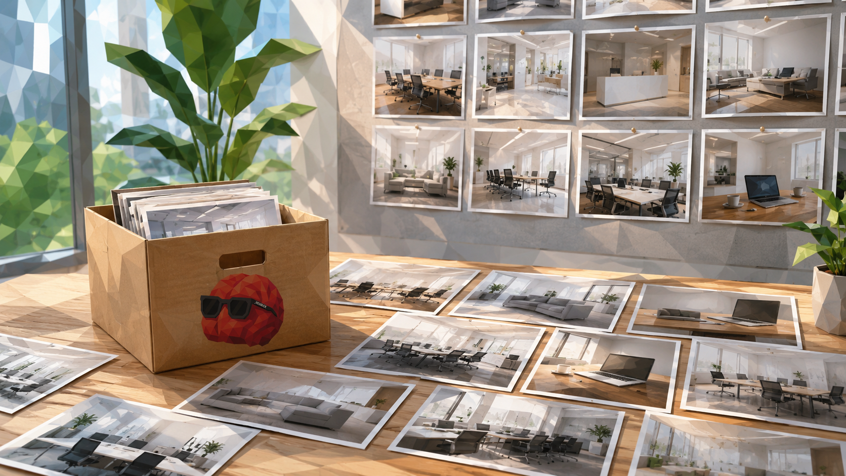 Kreativer Arbeitsplatz einer Agentur mit Fotos moderner Büroräume auf Tisch und Wand.