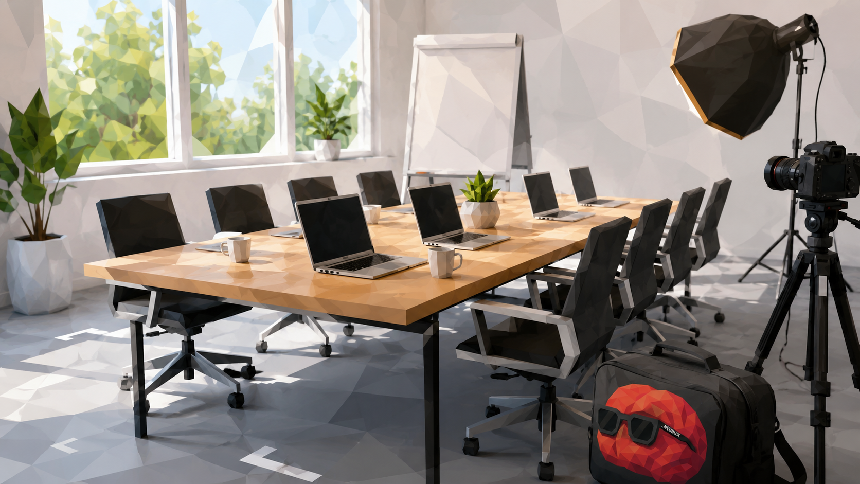 Konferenzraum einer Digitalagentur mit Laptops, Kamera, Stativ und Studiolicht für kreative Projekte.