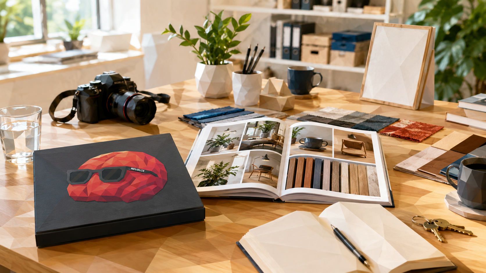 Kreativer Agentur-Schreibtisch mit Kamera, Designmagazin, Materialproben und Notizbuch.