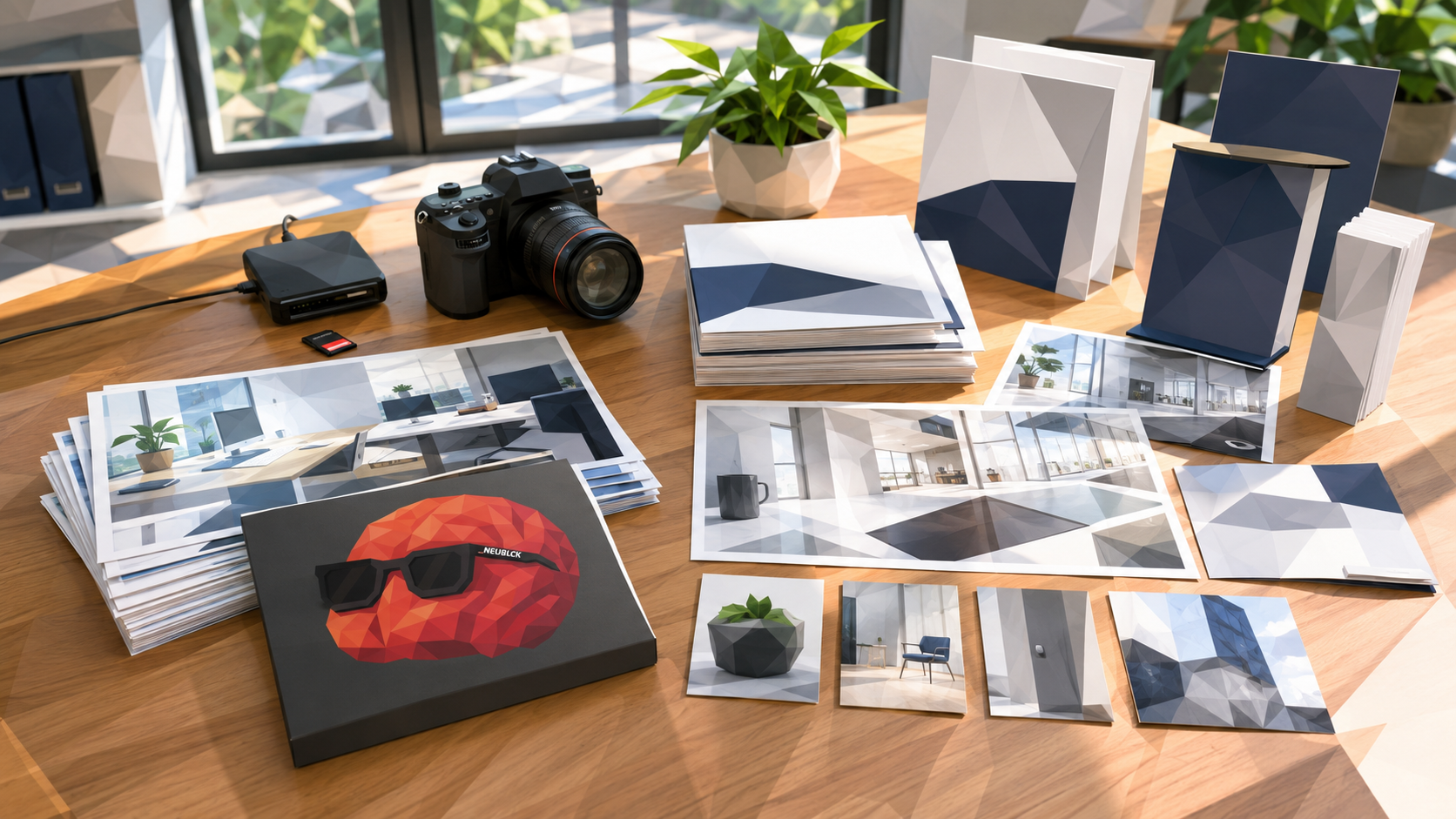 Schreibtisch mit Kamera, Druckerzeugnissen und Designmaterialien einer Werbeagentur.