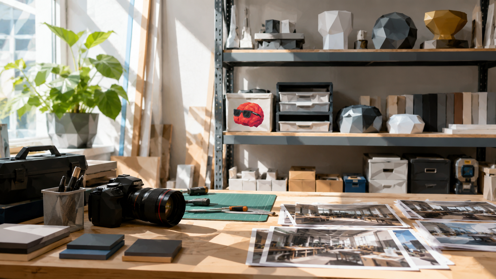 Arbeitsplatz einer Werbeagentur mit Kamera, Interior-Fotos und Designobjekten im Sonnenlicht.