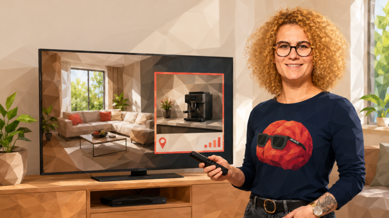 Luisa Reim im Fred-T-Shirt mit Fernbedienung neben Fernseher, der eine eingeblendete Werbung für eine Kaffeemaschine zeigt