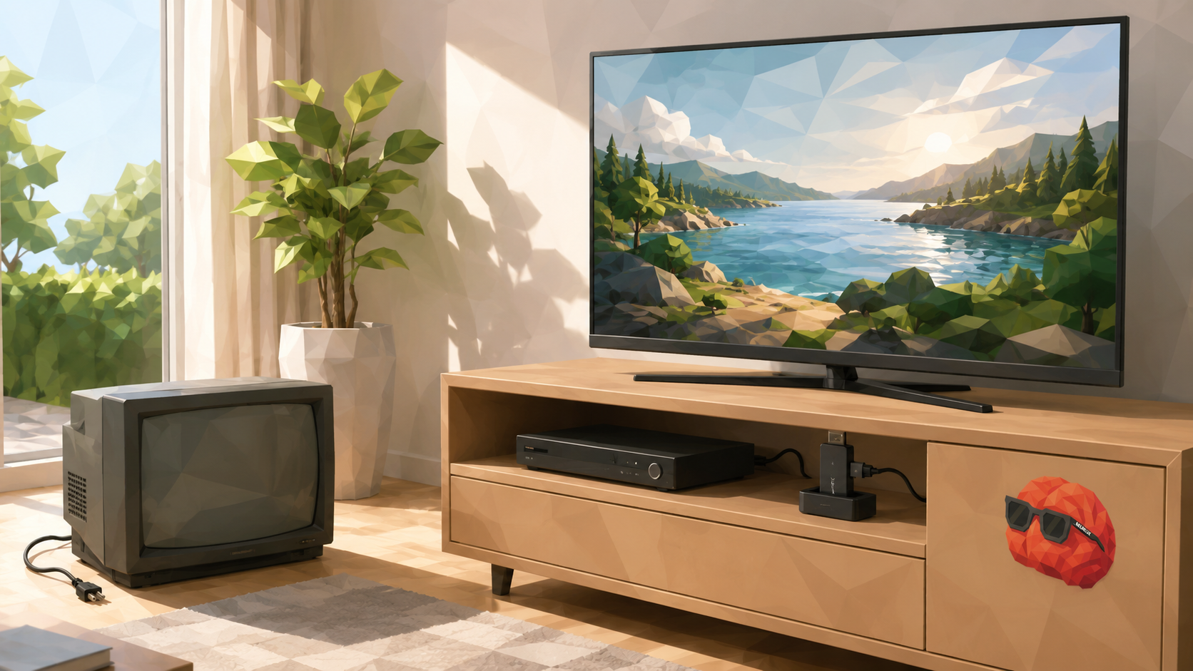Altes Röhrenfernsehgerät neben einem modernen Smart-TV im Wohnzimmer, am Sideboard das NEUBLCK-Gehirn Fred