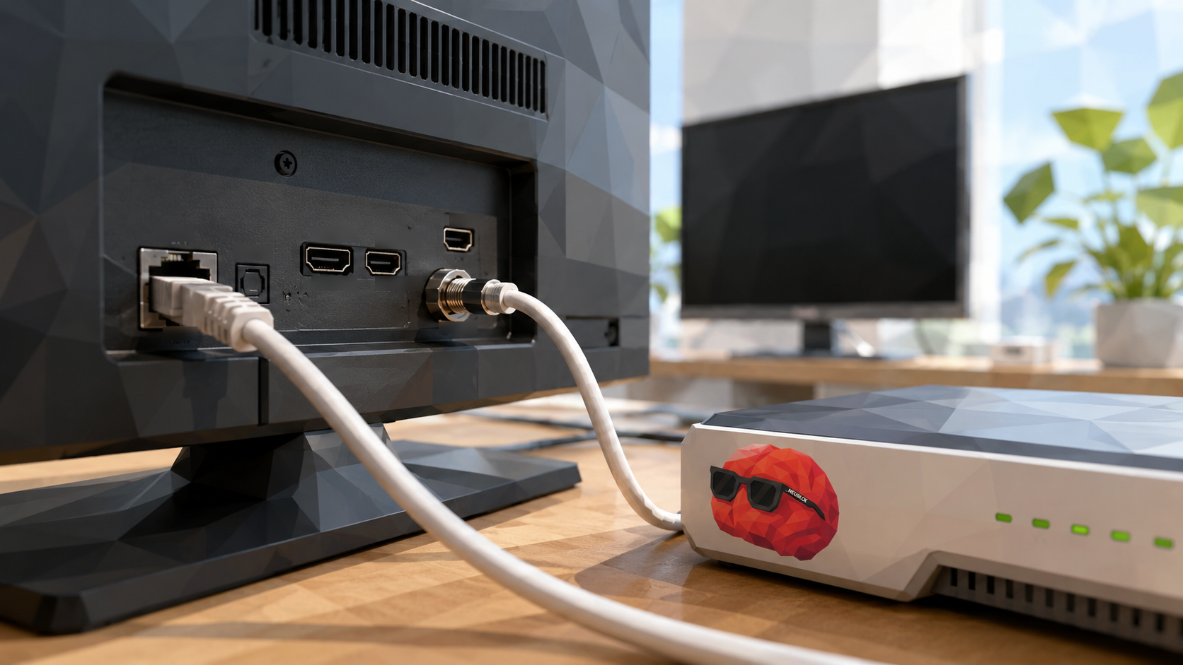 Rückseite eines Smart-TVs mit Netzwerkkabel, davor ein Router mit dem NEUBLCK-Gehirn Fred – Fernsehen über das Internet