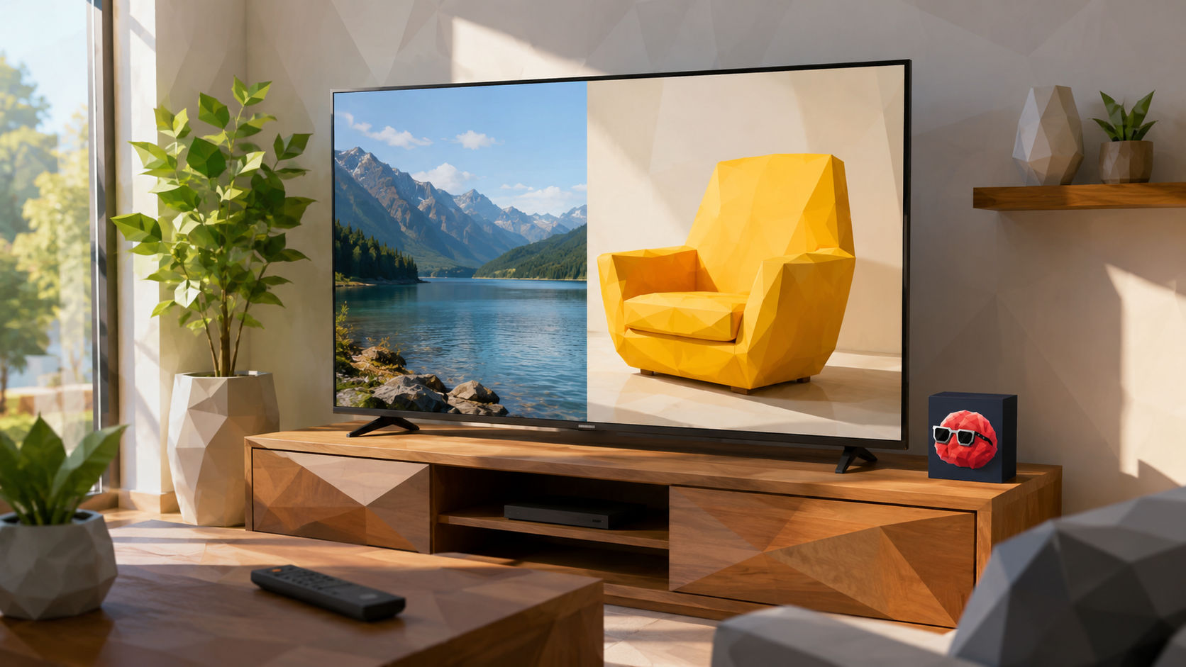 Smart-TV zeigt neben dem Programm eine Werbefläche mit gelbem Sessel, im Regal das NEUBLCK-Gehirn Fred