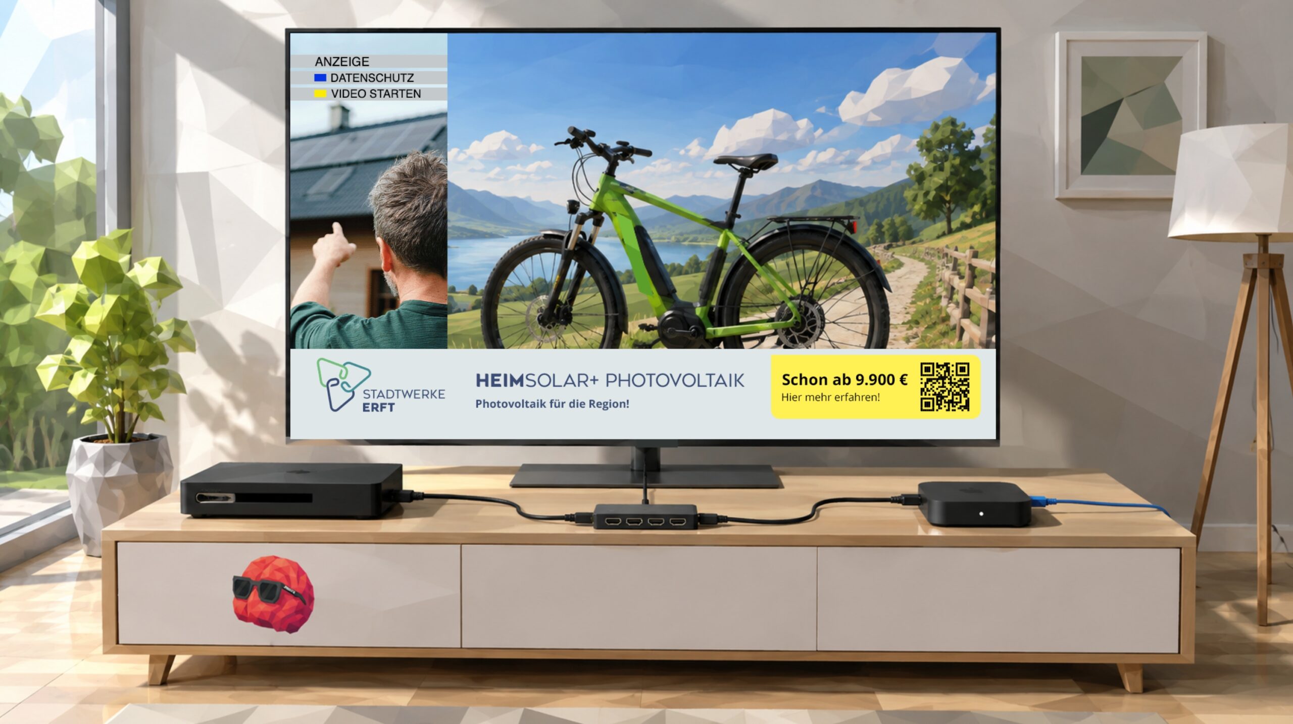 Smart-TV mit einer Werbeanzeige der Stadtwerke Erft für Photovoltaik samt QR-Code, auf dem Sideboard das NEUBLCK-Gehirn Fred