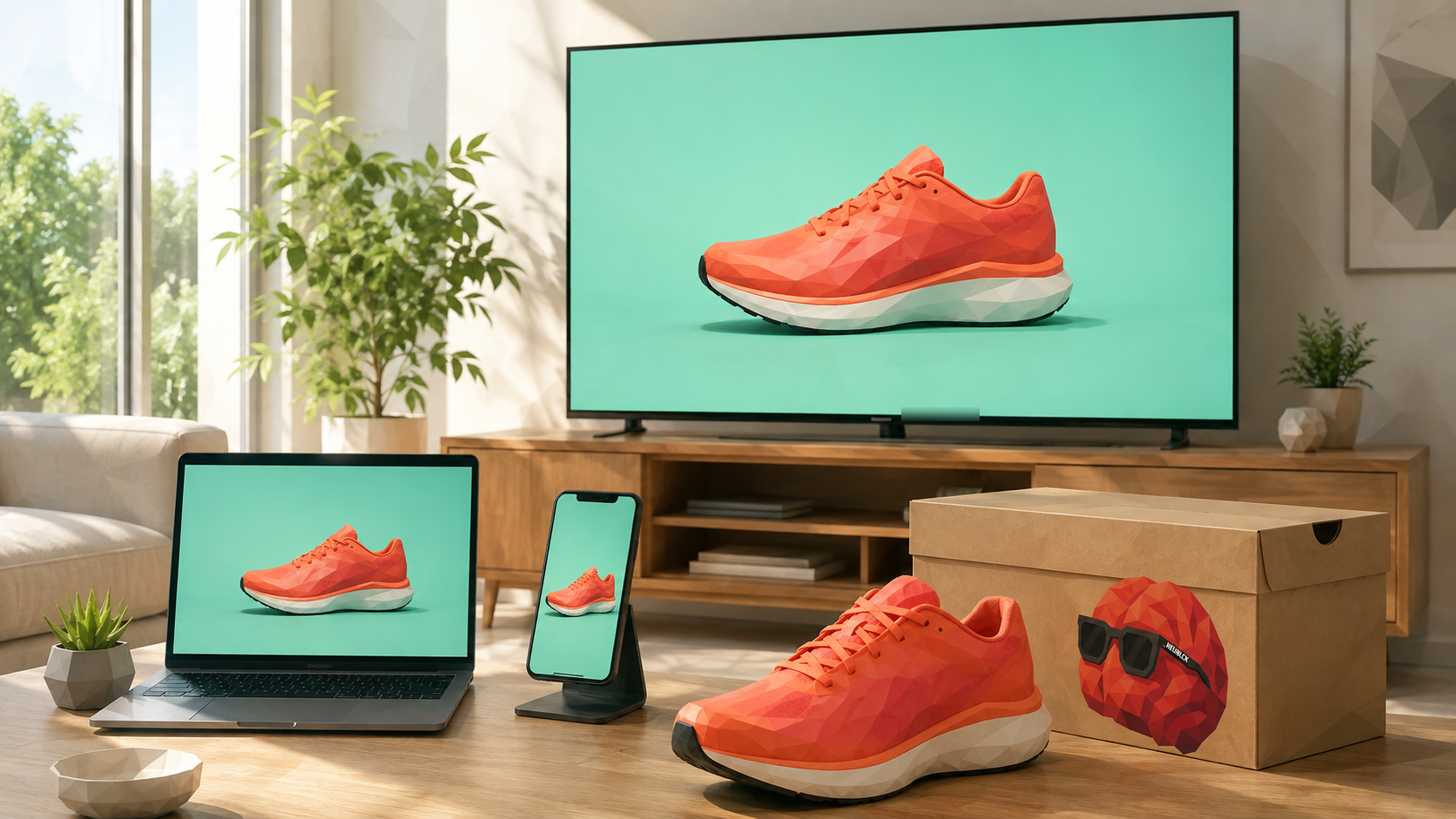 Derselbe orangefarbene Laufschuh auf Fernseher, Laptop und Smartphone, davor der echte Schuh und ein Karton mit dem NEUBLCK-Gehirn Fred