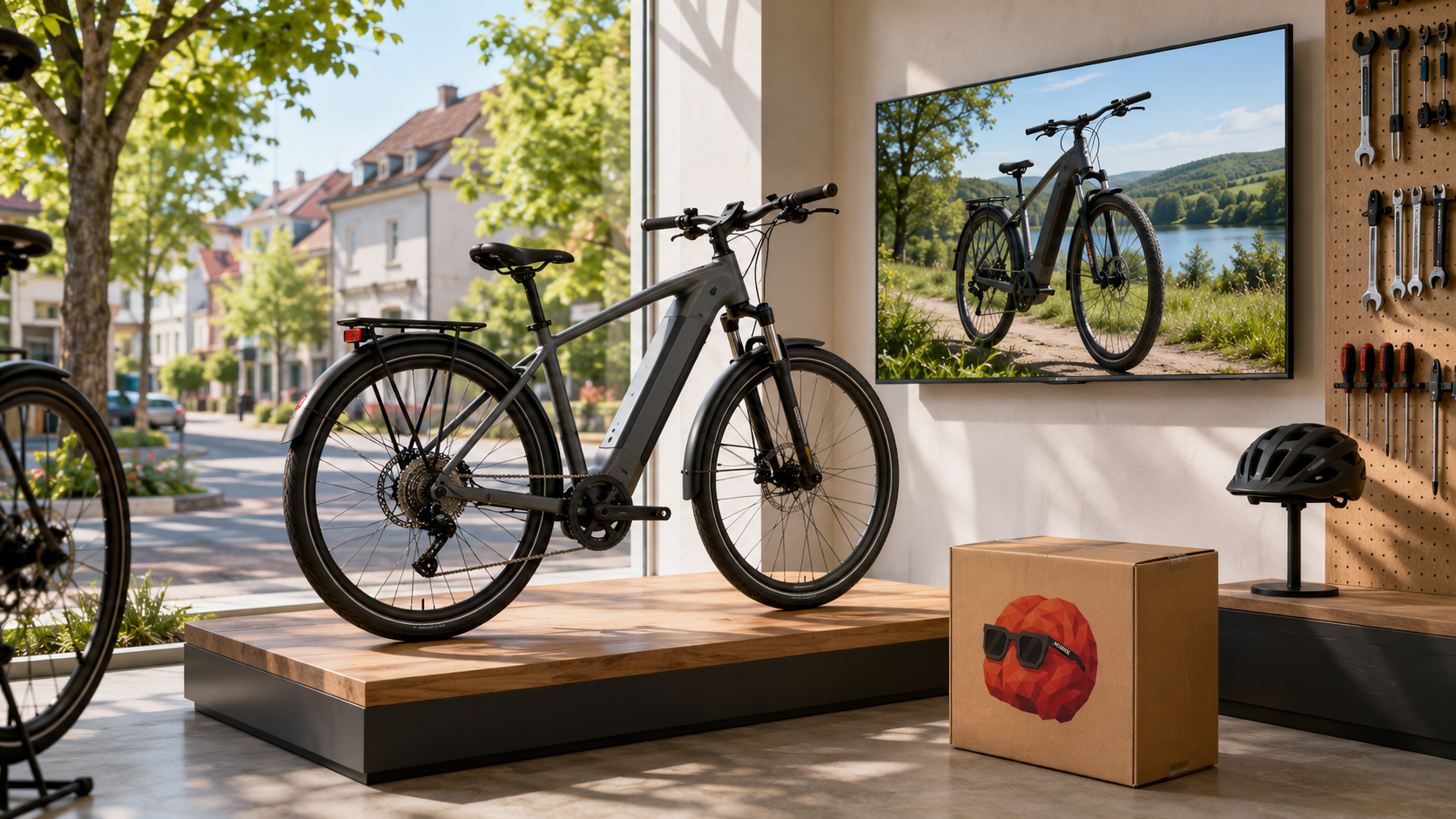 E-Bike in einem Fahrradgeschäft, an der Wand ein Bildschirm mit E-Bike-Werbung, davor ein Karton mit dem NEUBLCK-Gehirn Fred